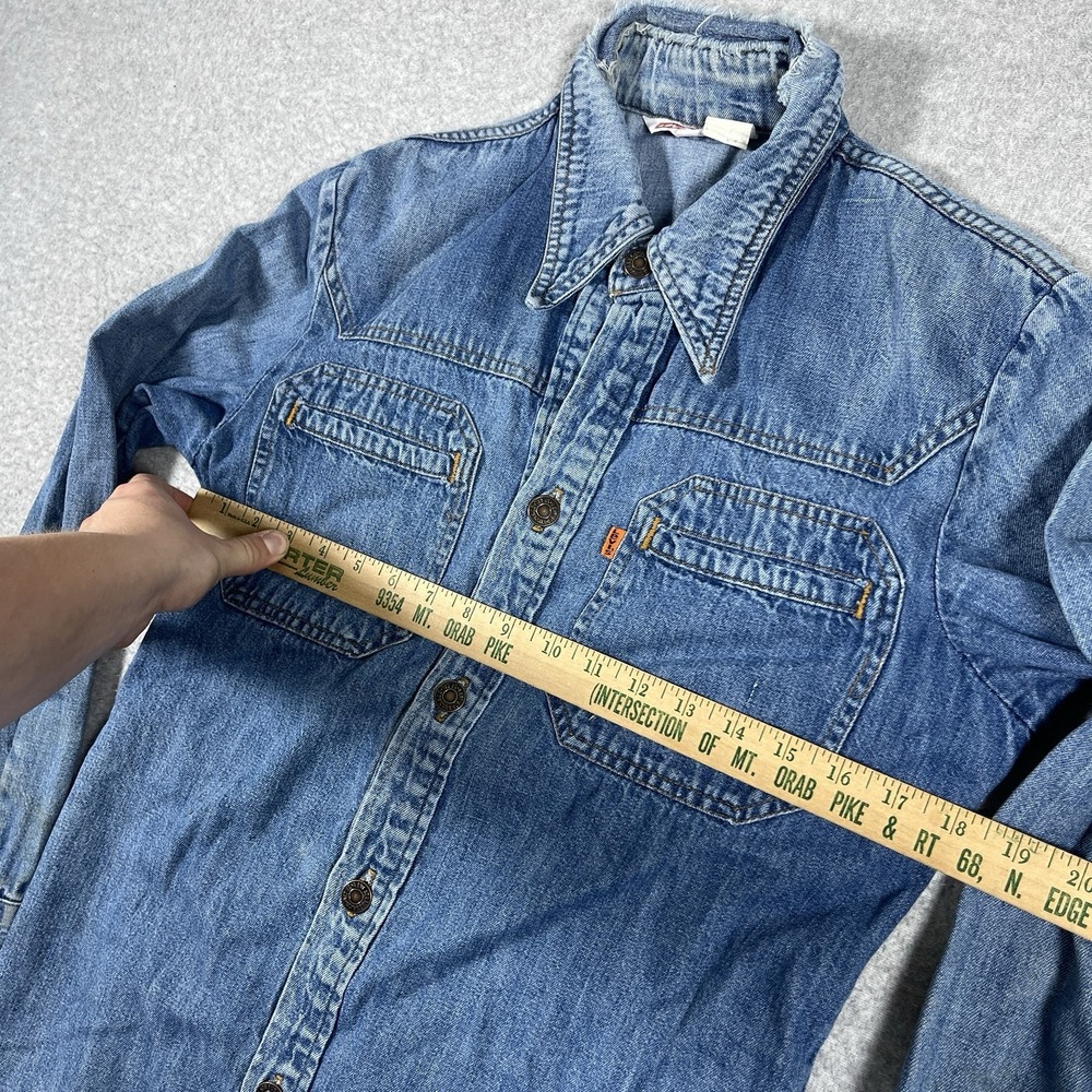 Vintage Levis Shirt Mens Small Blue Denim Western Orange Tab 70s Button Up Read - Picture 2 of 14